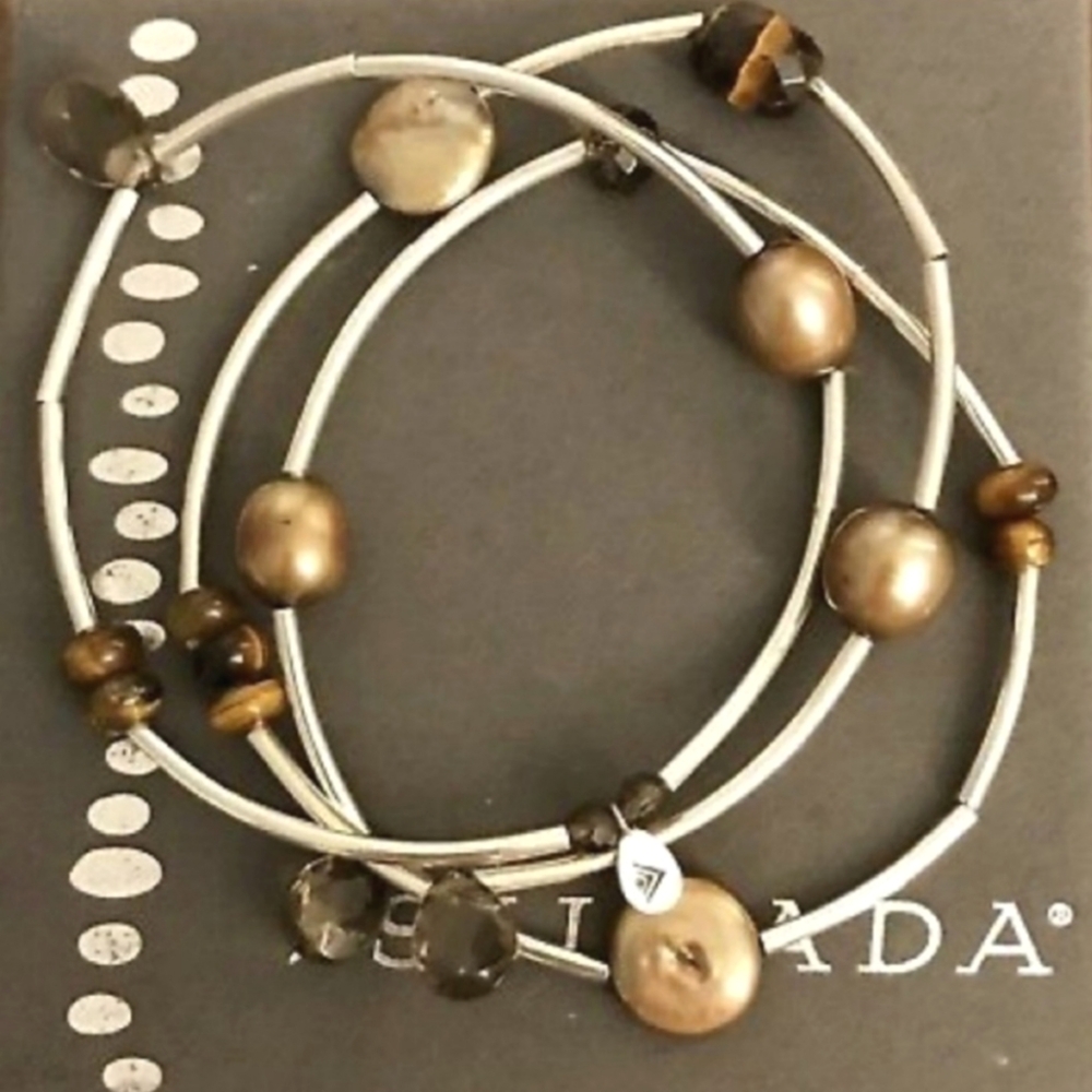 Silpada 925 Sterling Tigers-Eye Quartz Stretch Set of 3 Tube Bracelets